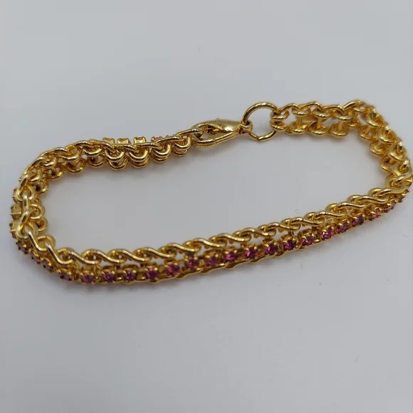 Vintage Tennis Bracelet w/Pink Rhinestones& Goldtone, GC. - Picture 7 of 9